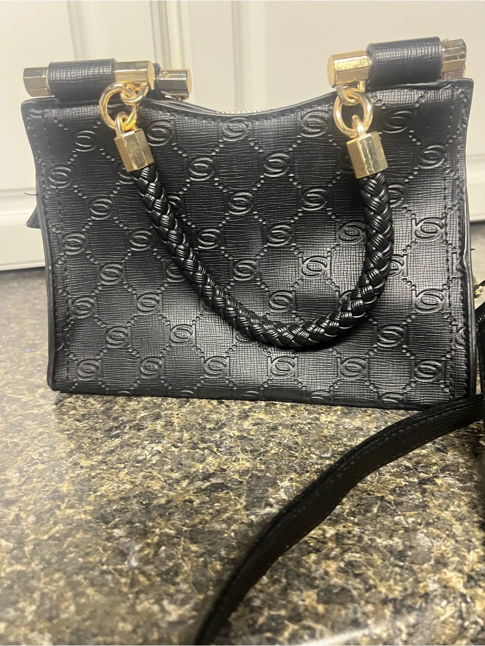 bebe Black Embossed Logo Satchel with Gold Plaque